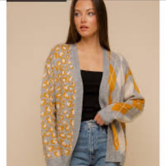 🌞 Open cardigan in mustard and grey pattern - Picture 1 of 8